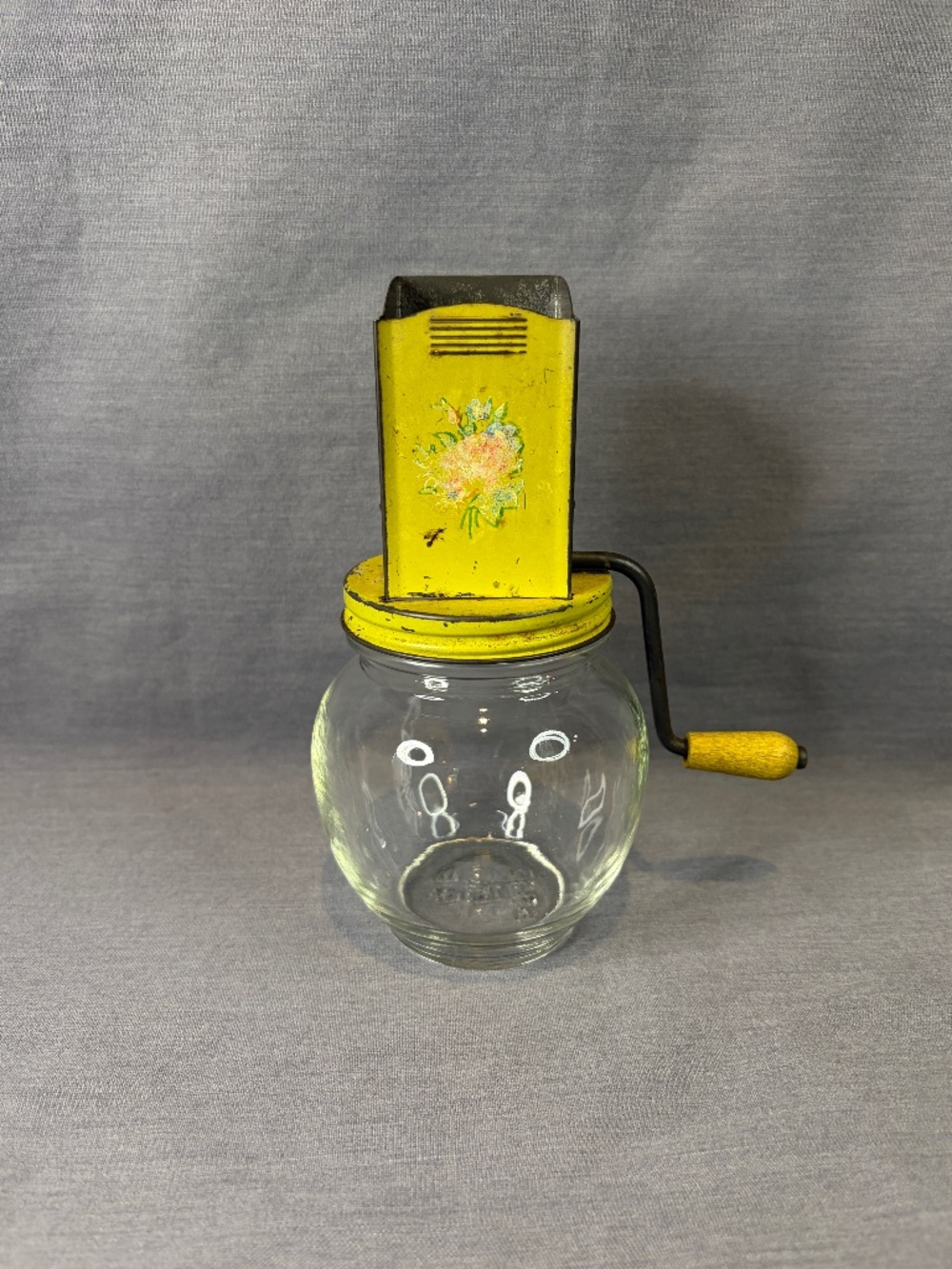 Nut Grinder Chopper Hand Crank Glass Jar Metal Top Floral Pattern Yellow Vintage